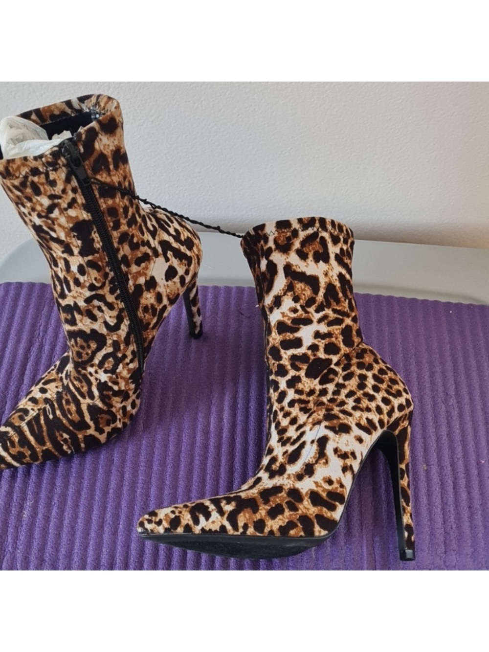 So Me Leopard Print Pointed Toe Stiletto Ankle Boots - Brown/Black/Cream - Picture 6 of 10
